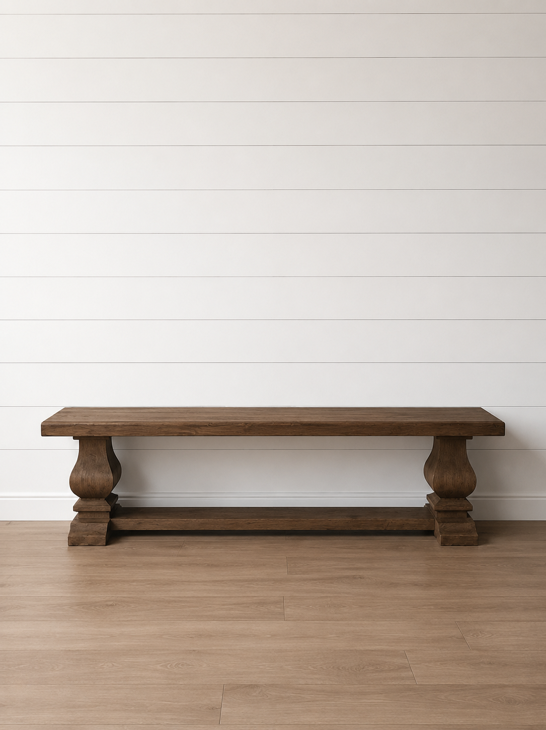 Amaryllis Solid wood bench with pedestal legs.