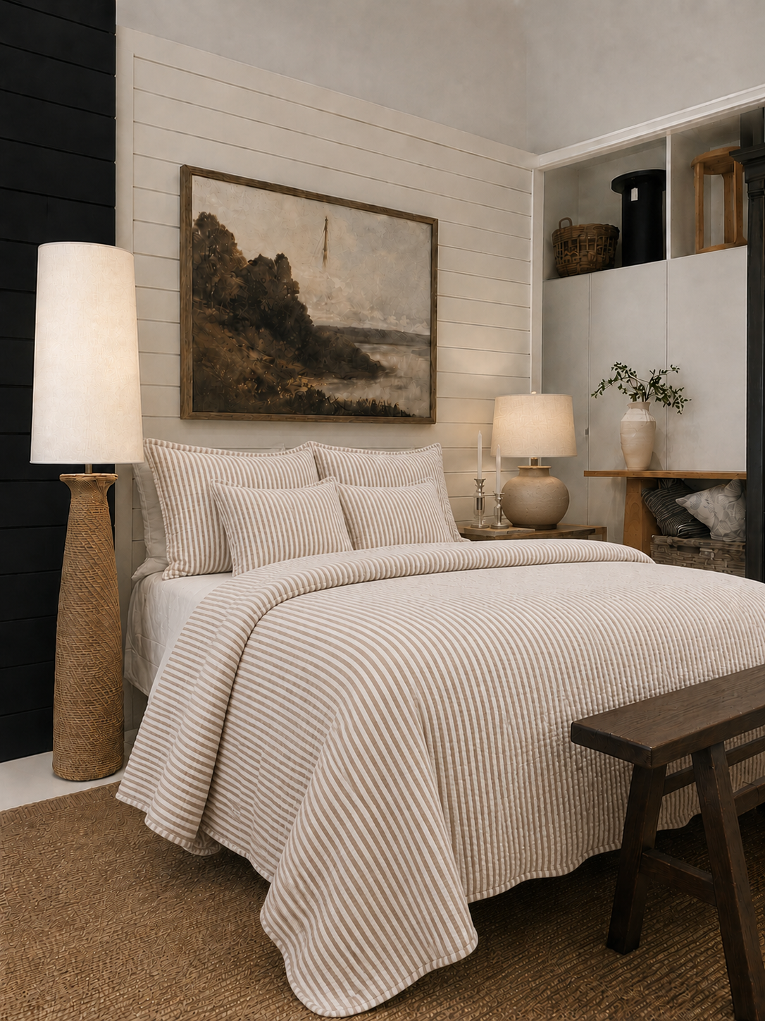 Stripe Quilt Queen on a bed in a rustic bedroom.