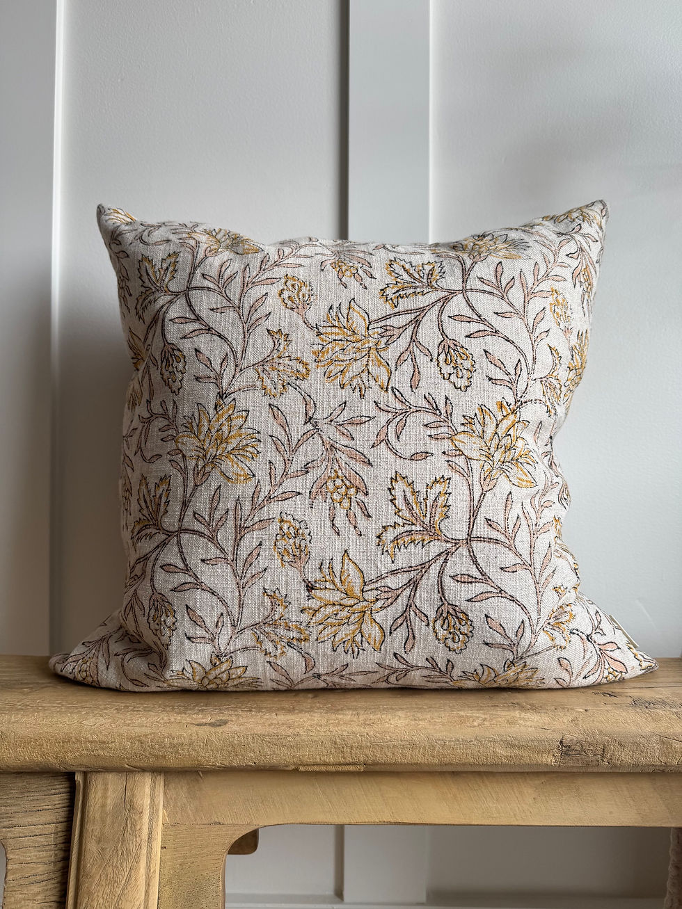 Yellow floral block print linen pillow