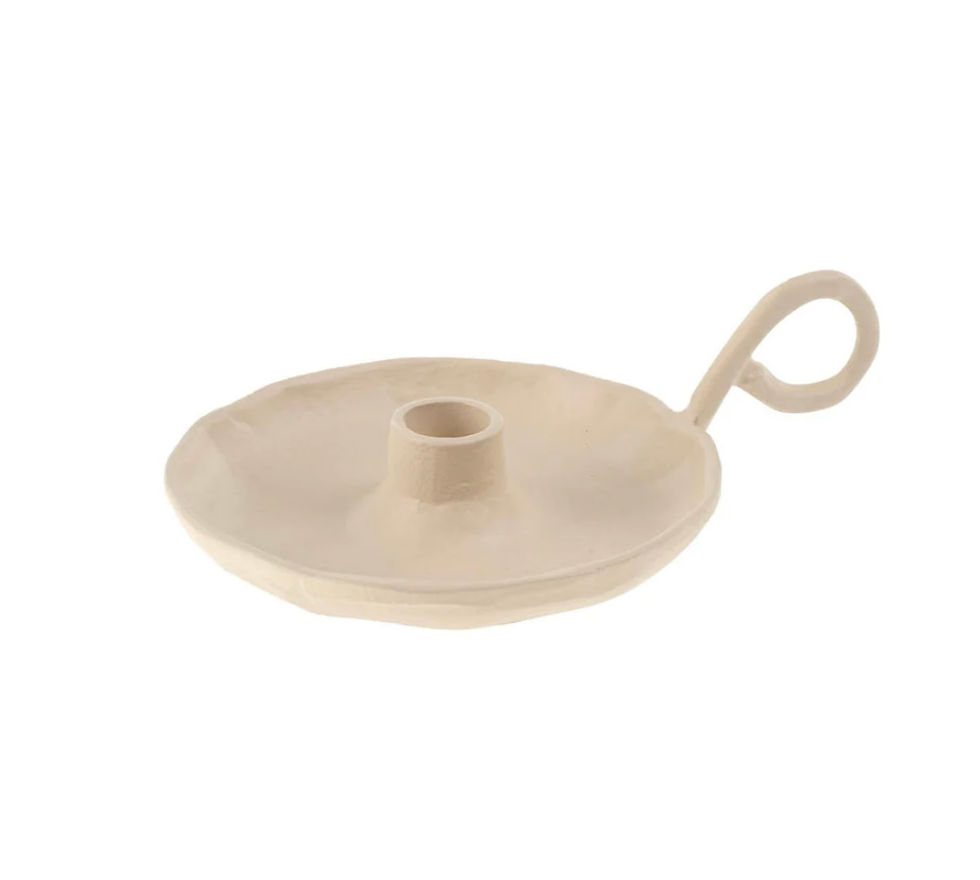Cream-colored candle holder with handle, perfect for Rustic Collections.