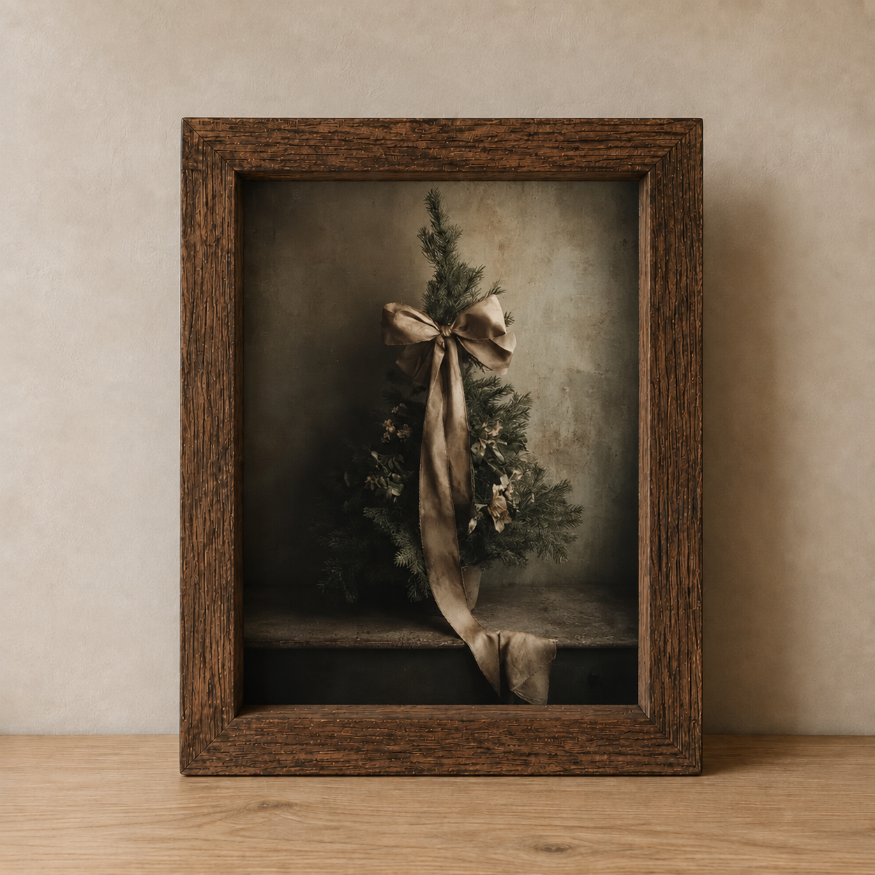 Petite Evergreen Art in a rustic wooden frame with a bow.