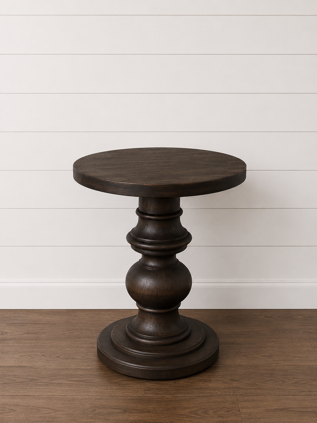 Charlotte dark wood side table with pedestal base