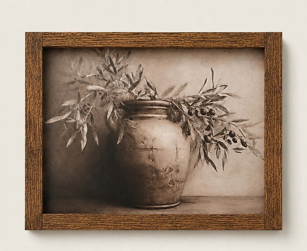 Framed olive branches in pot wall art