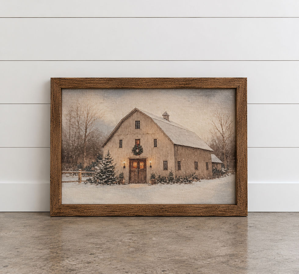 Rustic winter barn wall art in a wooden frame.