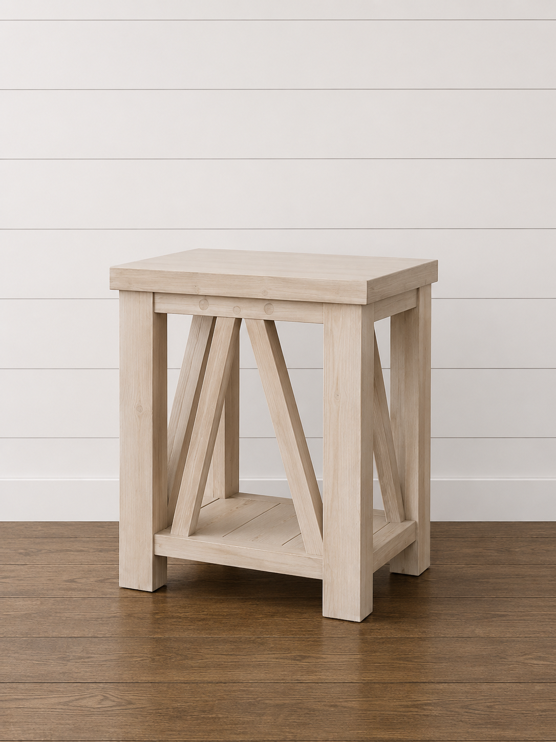 Oakley Side Table in light wood with X-frame design.