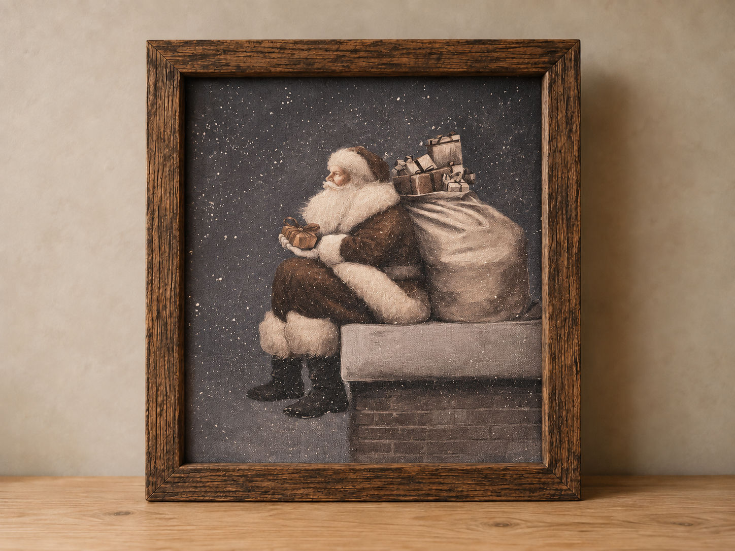 Vintage Santa Canvas Print on Chimney with gift bag