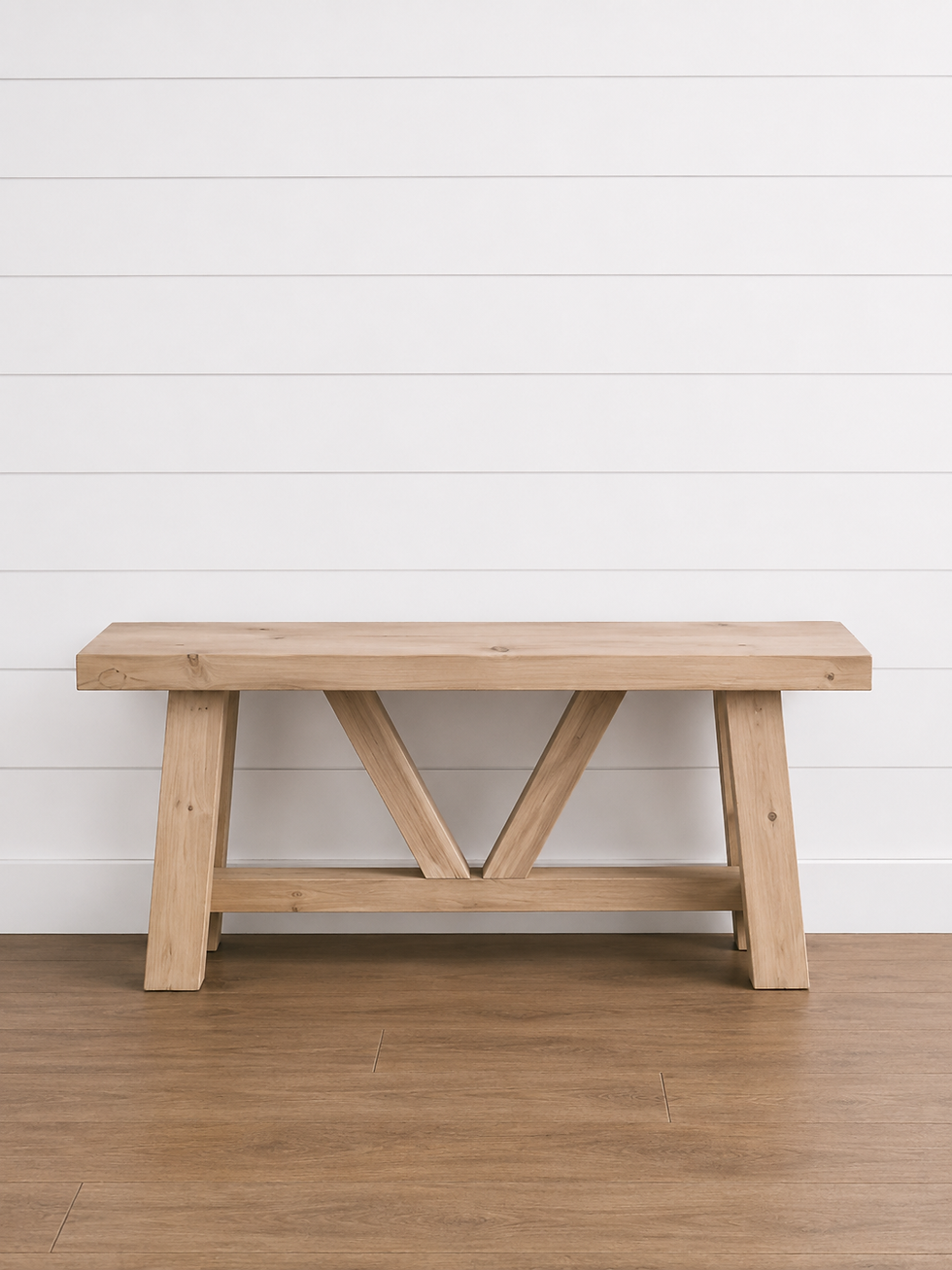 Arbor Solid Wood Bench against white shiplap wall.