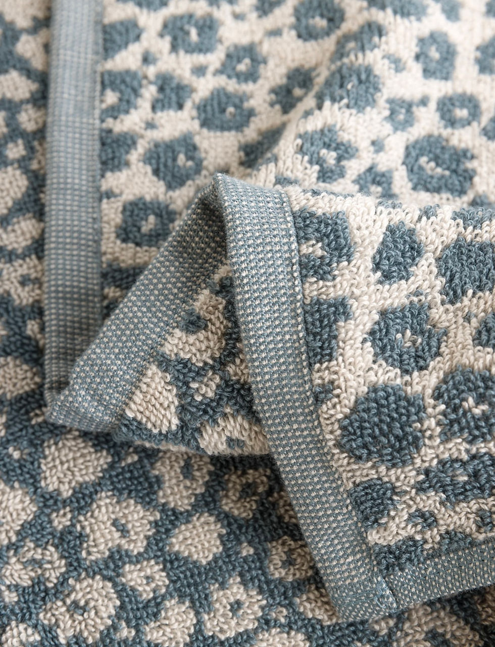 Close-up of leopard print Cod and Oat face cloth