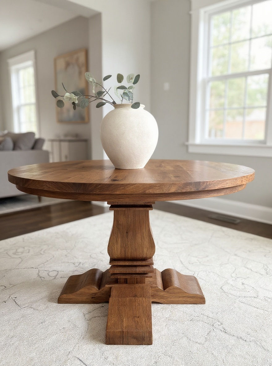 Wooden round table with a vase and greenery. Stoneware fruit bowl on display.