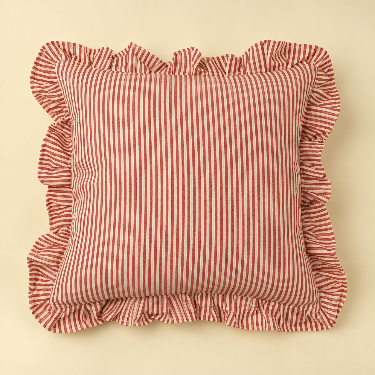 Red Ticking Ruffle Pillow 20x20 with vertical stripes