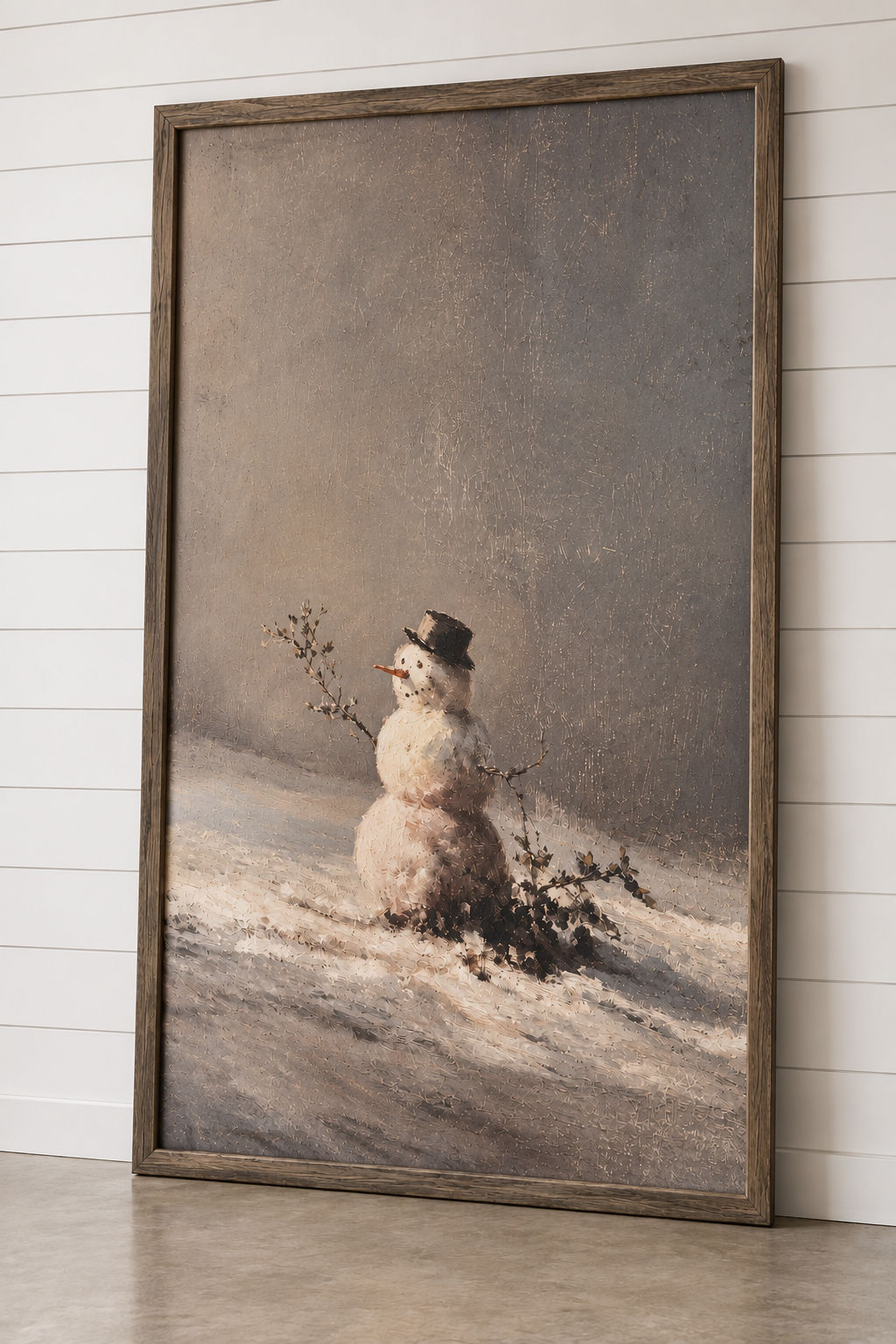Vintage Snowman Canvas Print in an Oak Frame