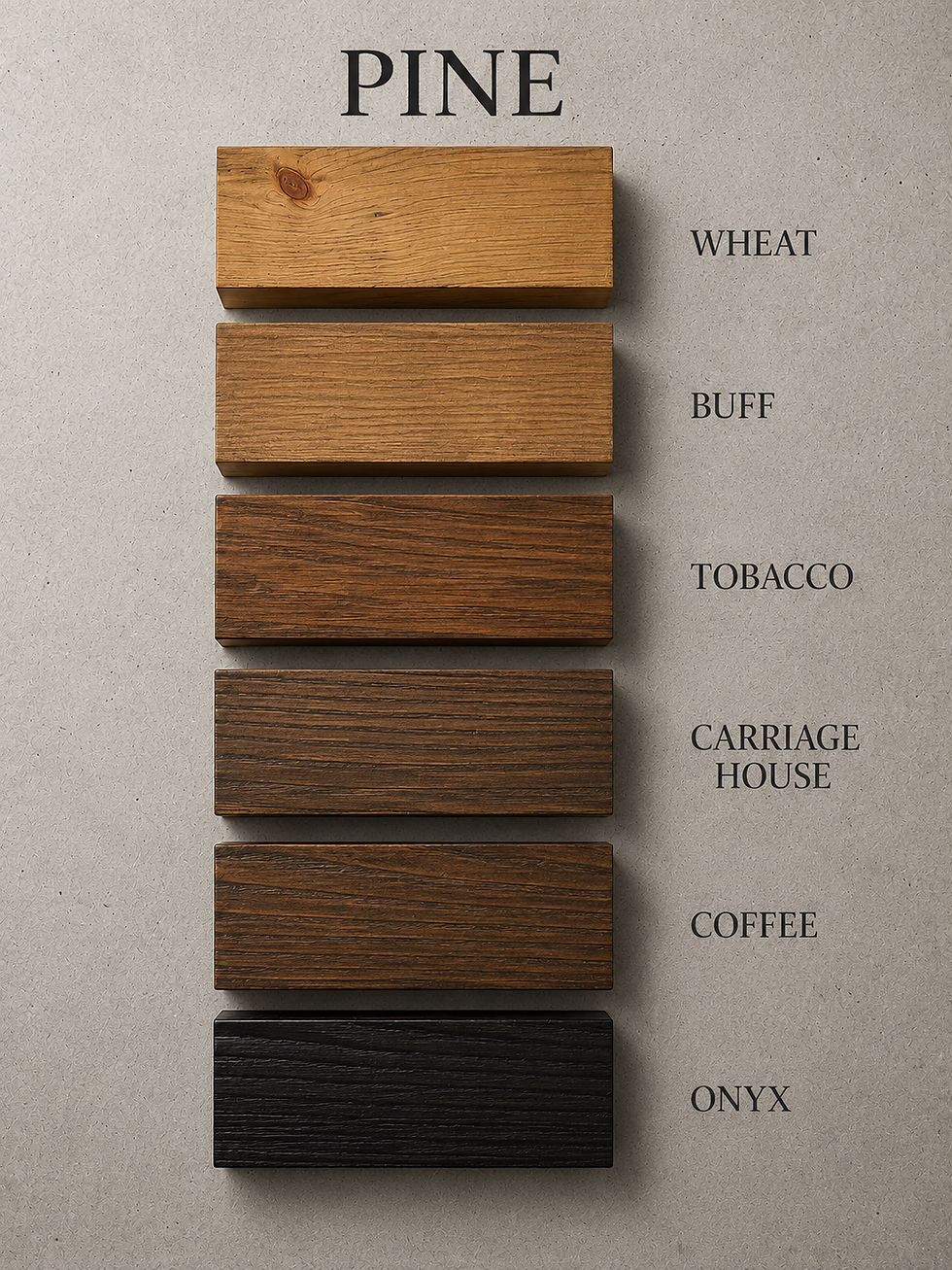 Miniature : Solid wood bench finish samples: Wheat, Buff, and Onyx.