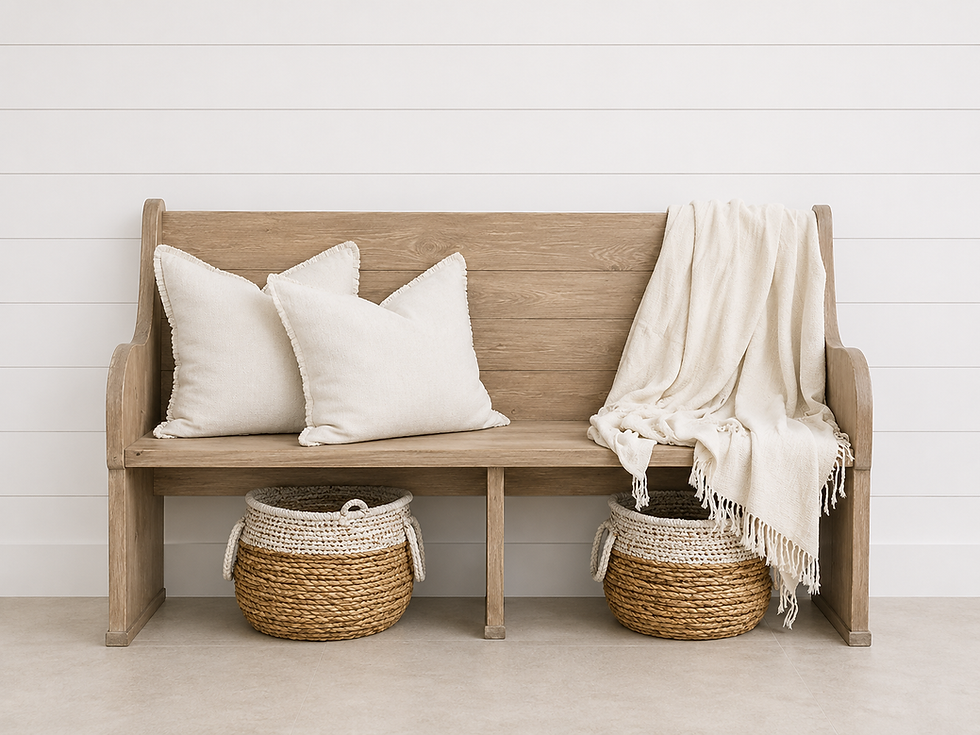 Century Farmhouse Pew with pillows and baskets