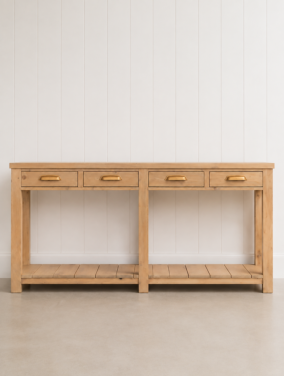 Harper console table in light wood with four drawers.