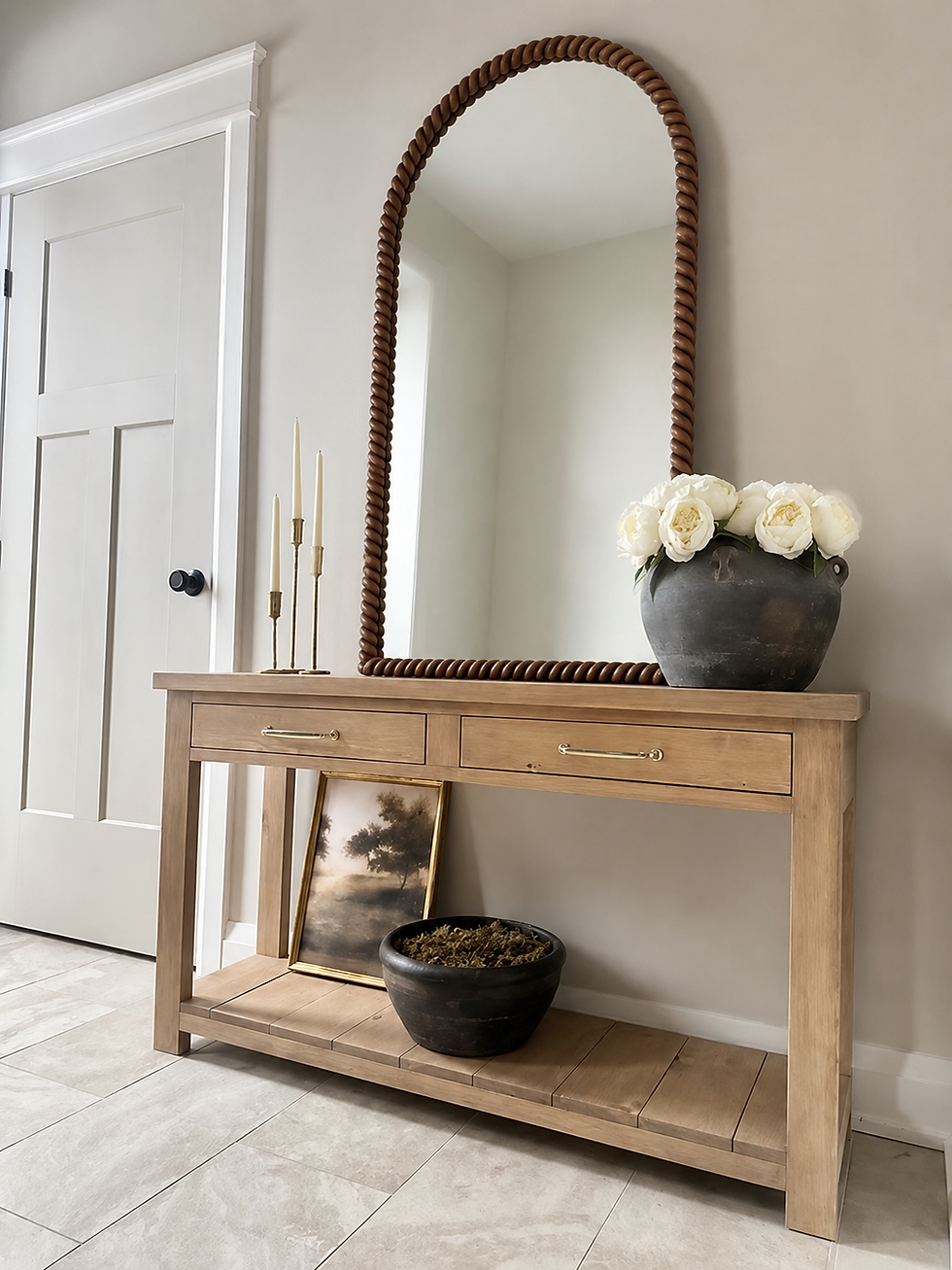 Miniature : Merritt Leaner Mirror above a wooden console table.