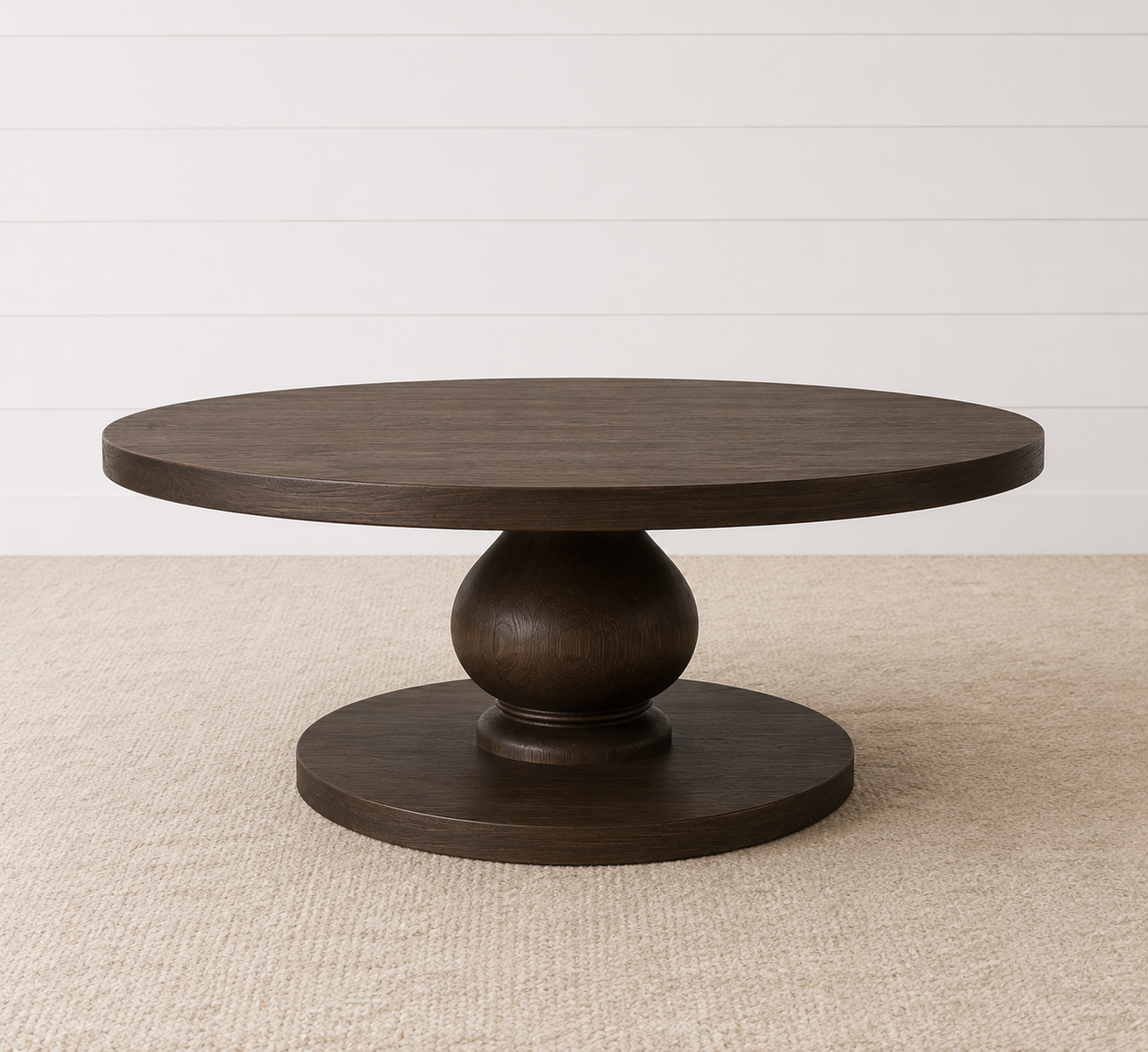 Mackenzie dark wood round coffee table with pedestal base