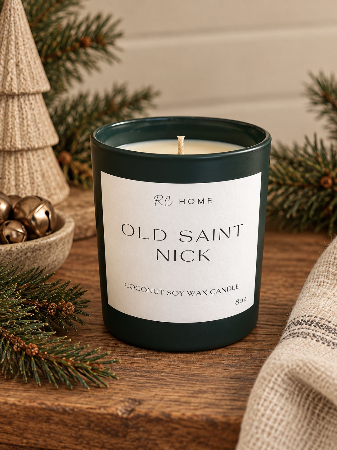 Old Saint Nick coconut soy wax candle in green jar