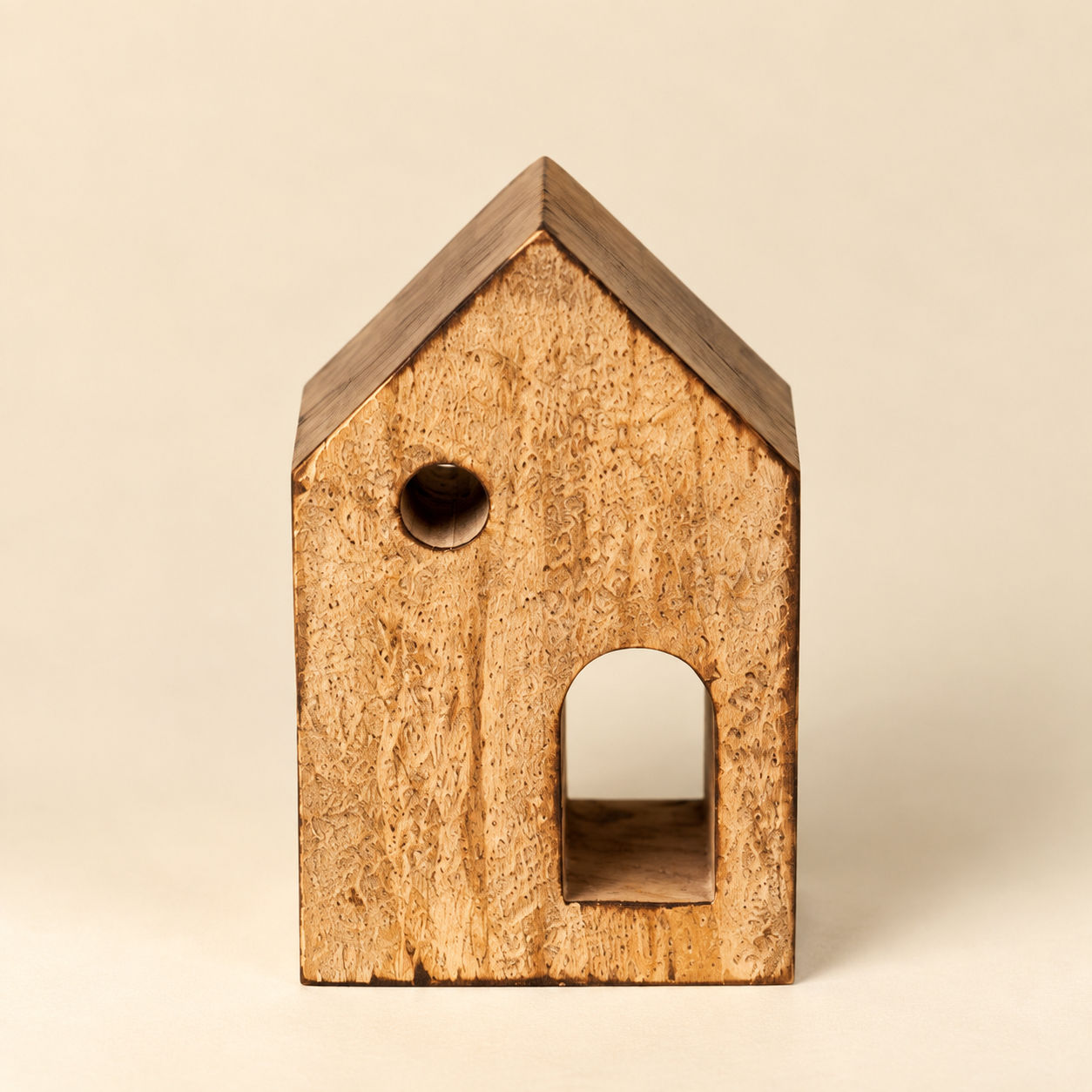 Small natural wood tealight house with cutout door and window