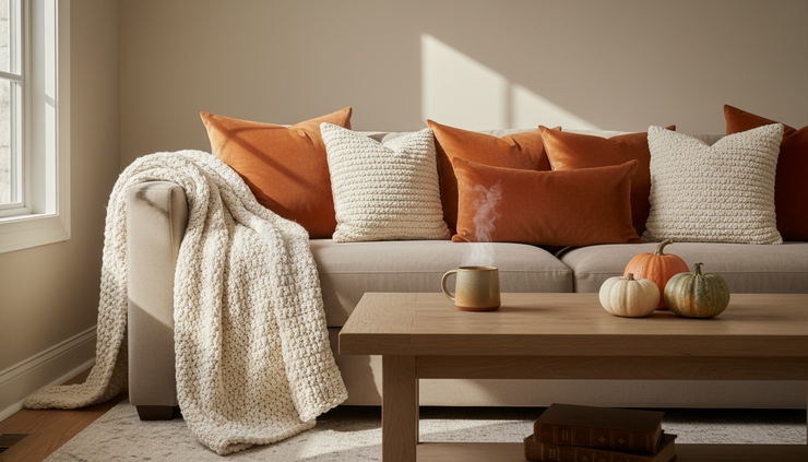 Eye-level view of a sofa styled with fall toss pillows and a folded throw blanket.