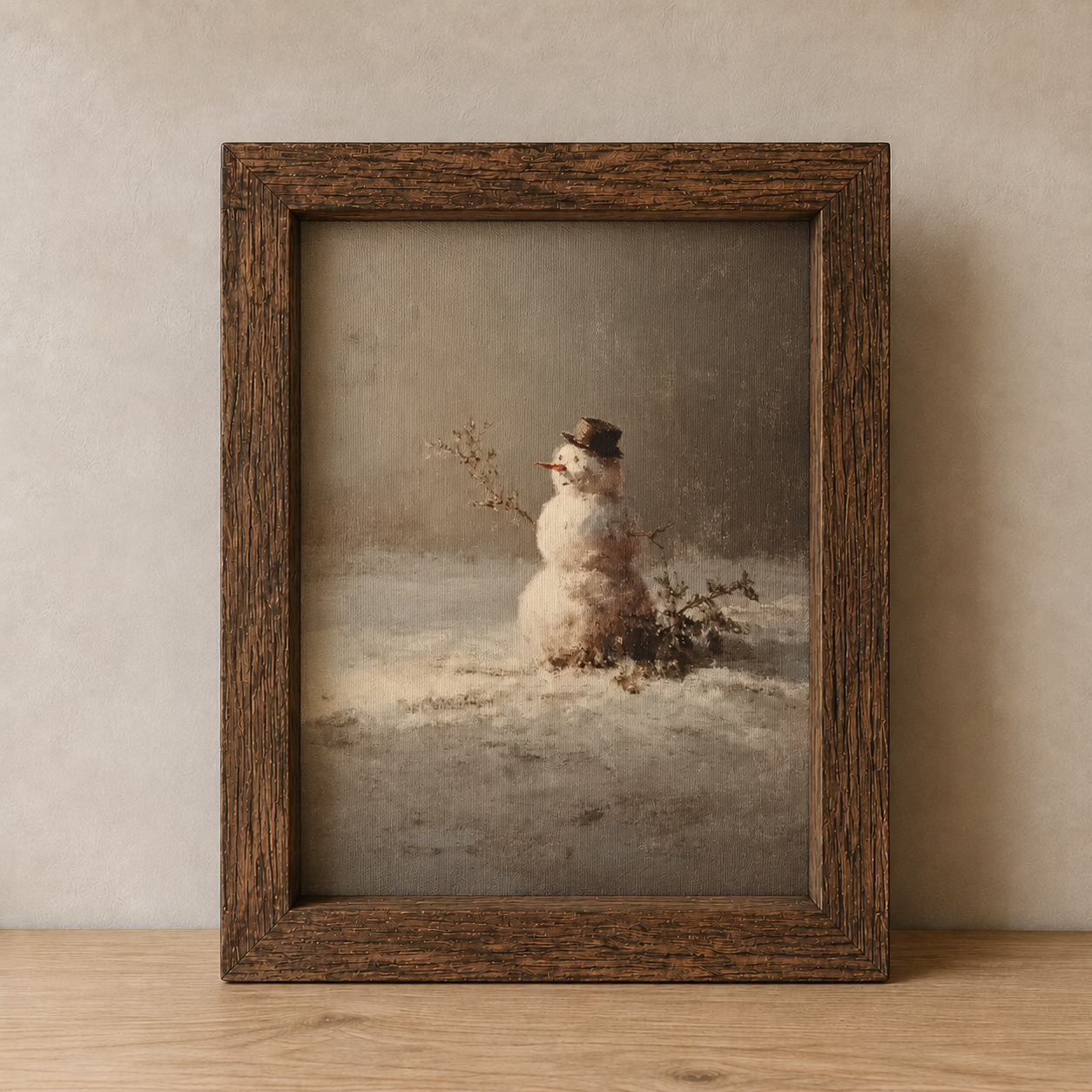 Framed vintage snowman art in a snowy field