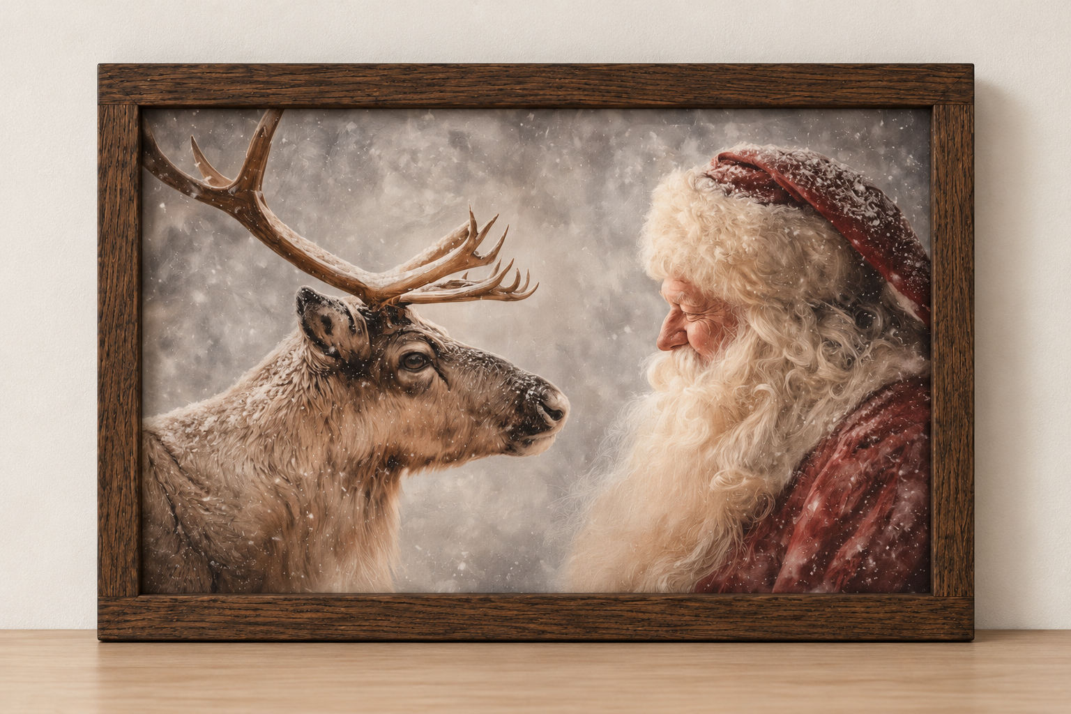 Santa & Reindeer Framed Canvas Print