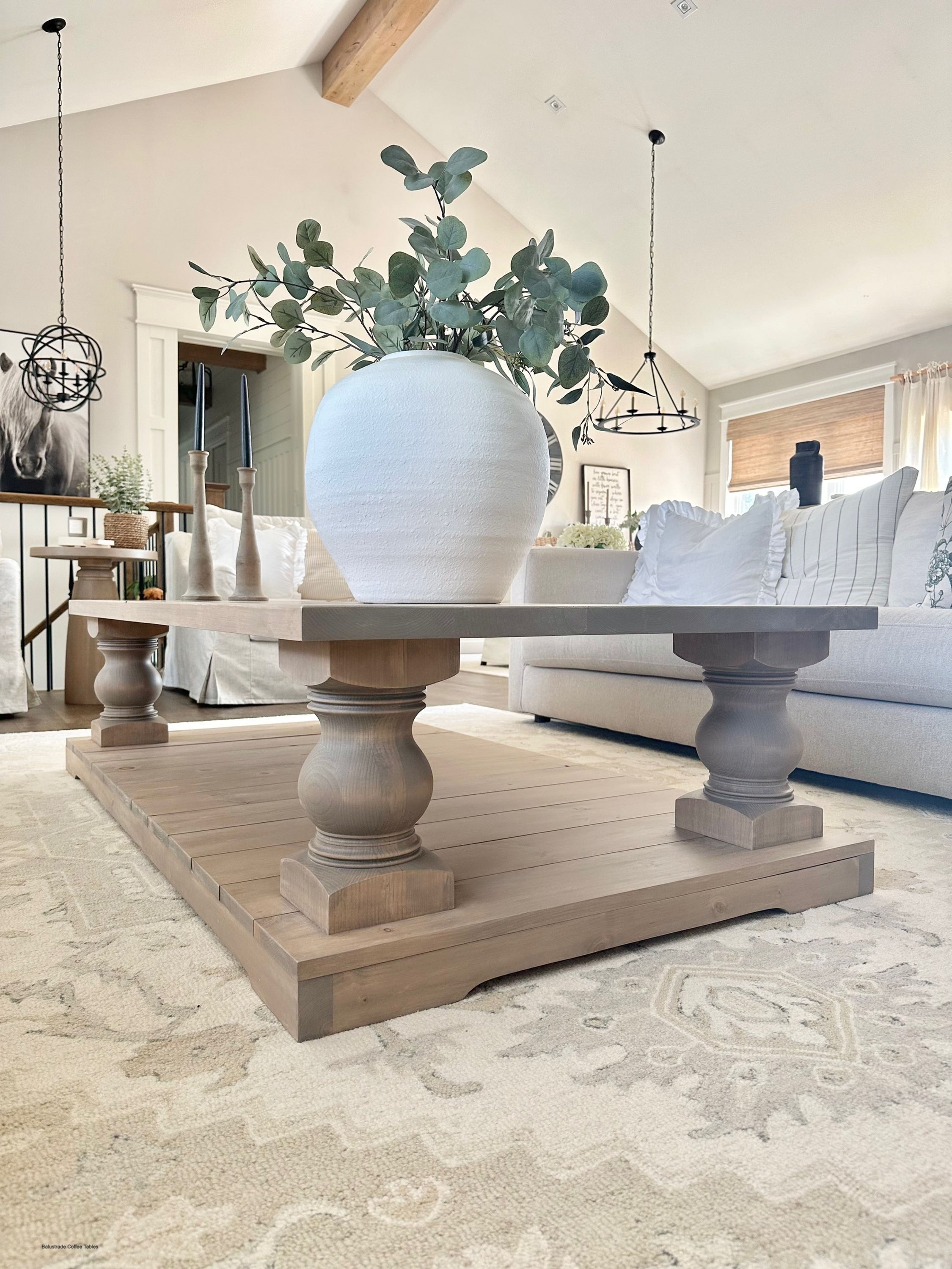 Rustic wooden coffee table with baluster legs