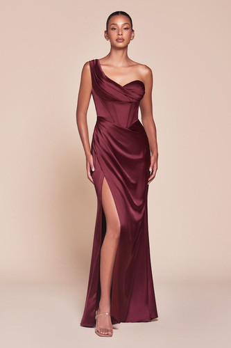 Satin Corset Bodice Gown with High Slit Burgundy main image 1