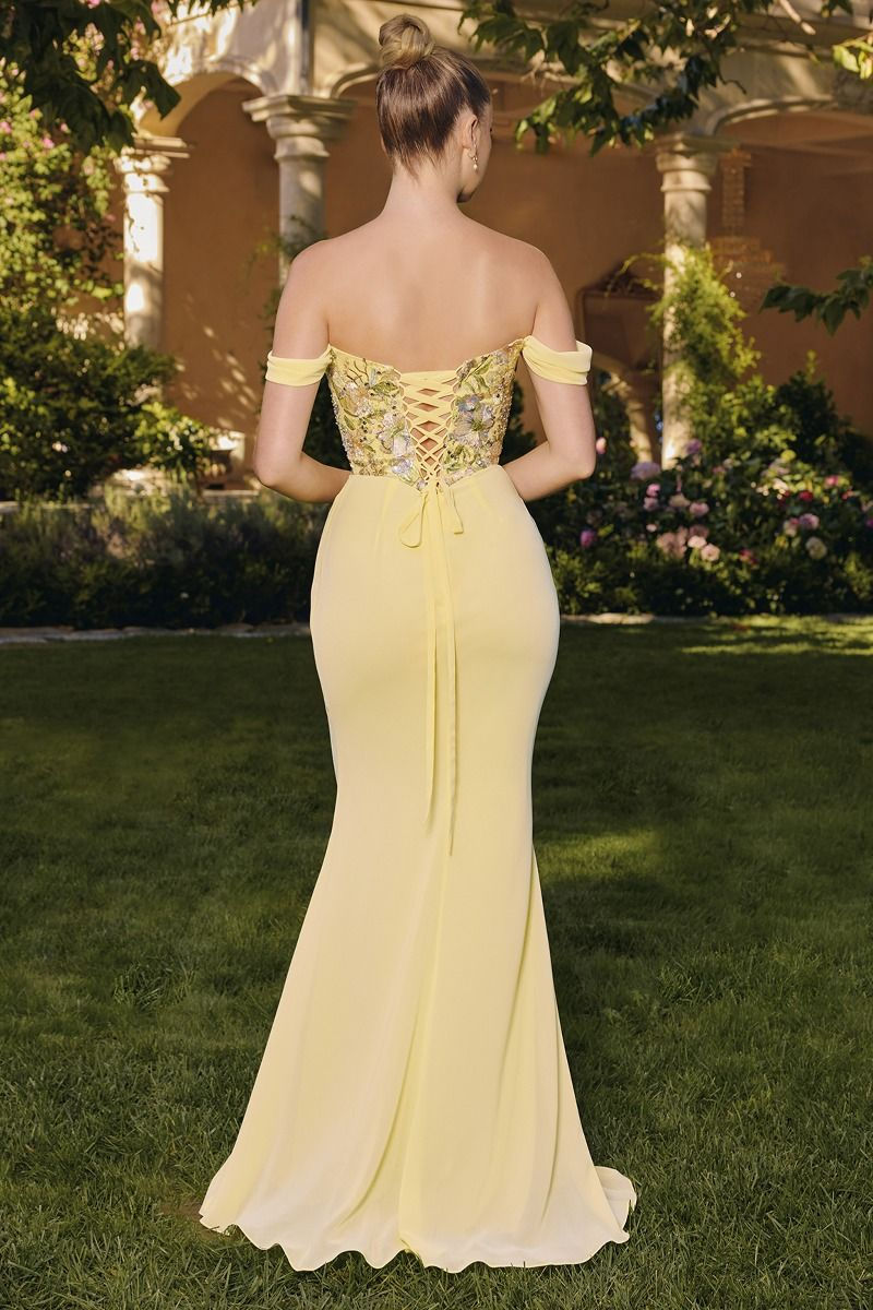 Thumbnail: T721 Off the shoulder chiffon gown with embroidered bodice