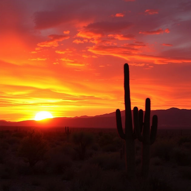 beautiful deep colored sunset in the desert, make it a little brighter with more cactus. m