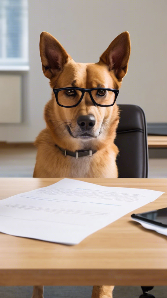 photorealistic dog in office with papers in mouth.jpg