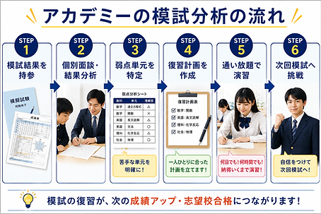 香川県統一模試 受験後の学習サポートの流れを紹介。模試結果の分析、個別面談、弱点単元の特定、復習計画の作成、通い放題での演習を通じて、次回模試の成績アップや高校受験合格につなげる模試分析＆弱点克服講座です。