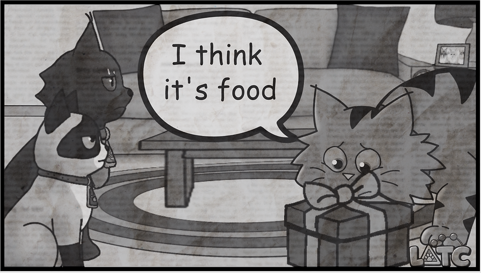 ON THE CASE: Ziggy examines a mysterious birthday present in Birthday Detective, moments before Meta AI determined the detective theme may require further clarification