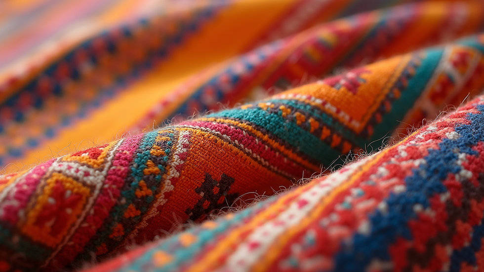 Close-up view of colorful handwoven Indian textile