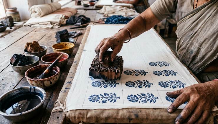 Close-up view of wooden blocks pressing natural dye onto cotton fabric