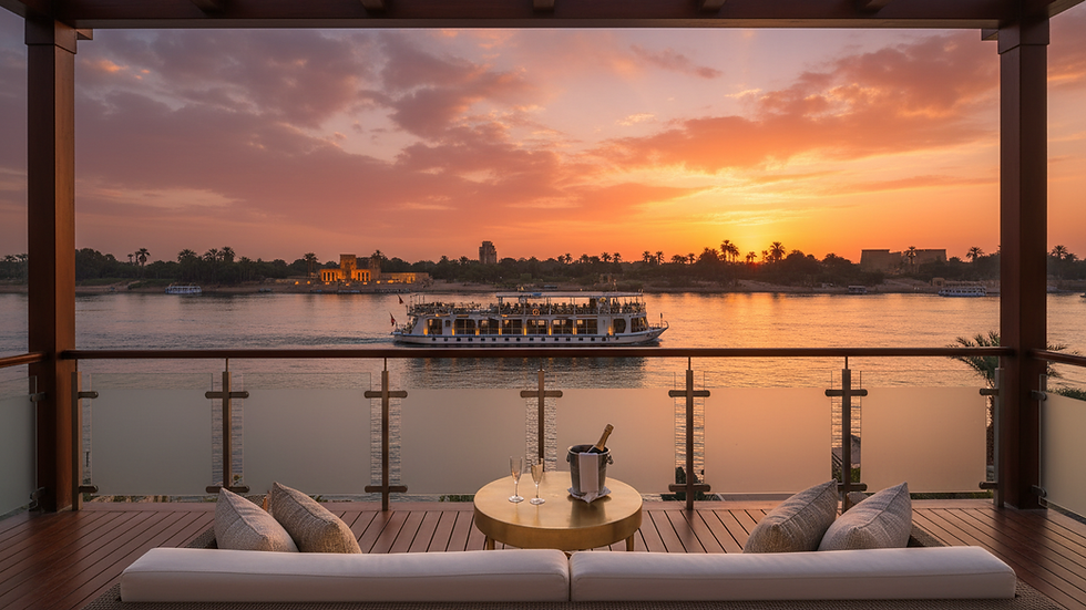 Close-up view of a luxury suite balcony with a sunset over the Nile