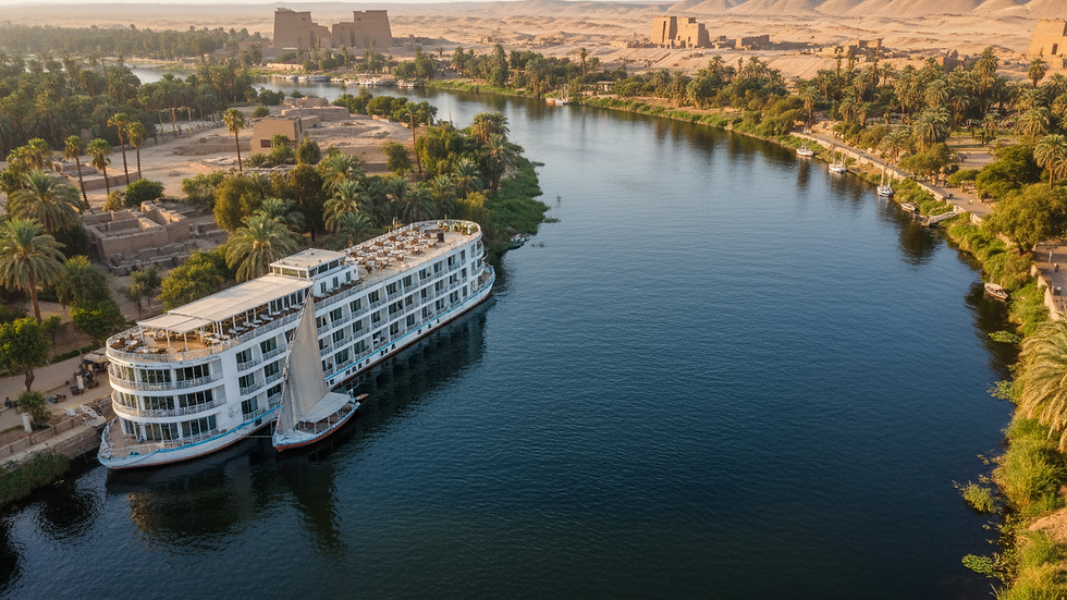 High angle view of Nile River with floating hotel docked alongside