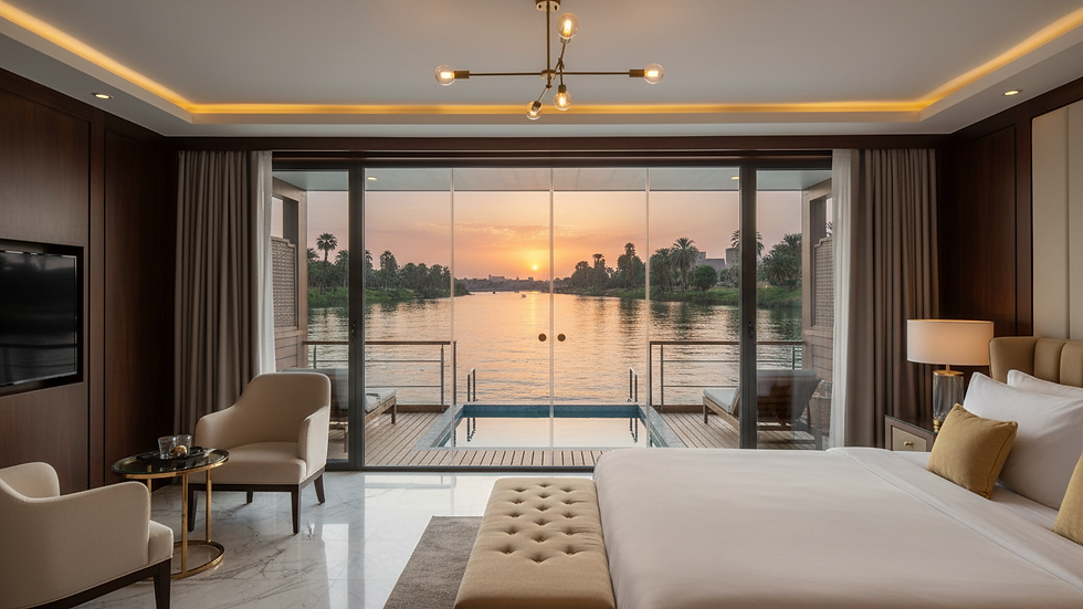 Eye-level view of a luxury floating hotel room with Nile river view