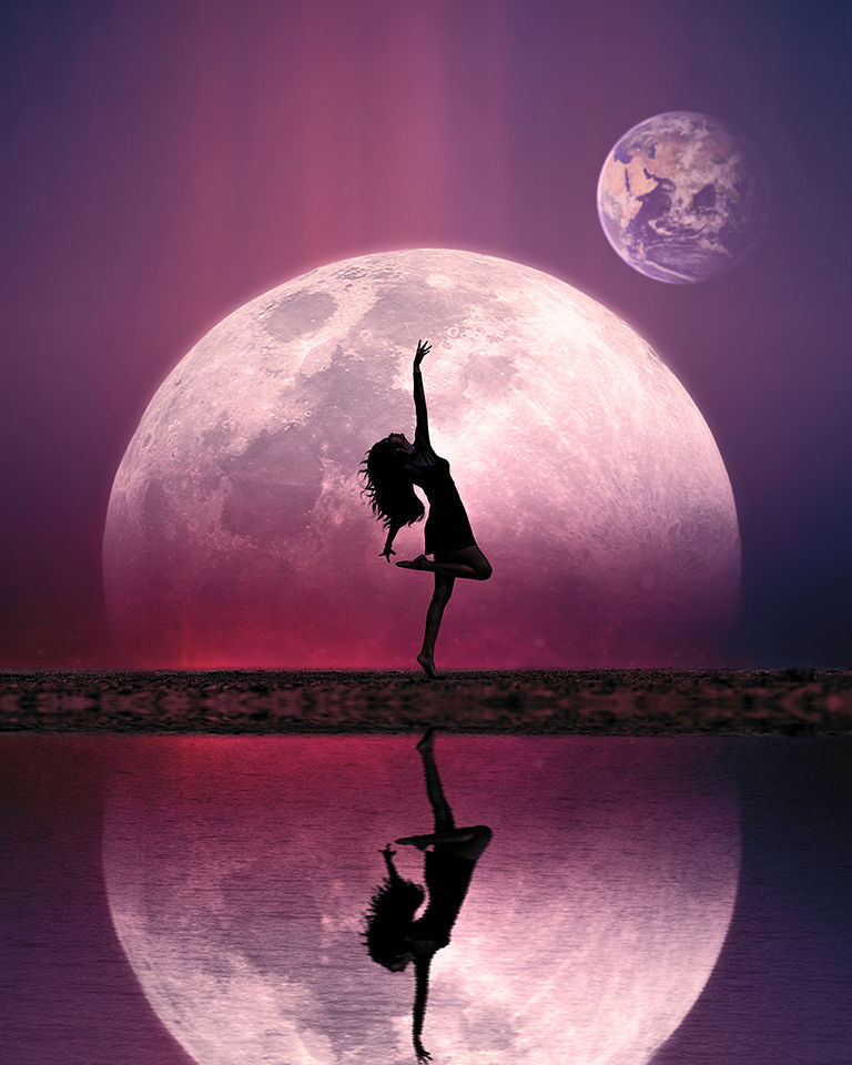 Silhouette of a dancer on a reflective shore, posing before a giant pink moon with Earth in the purple sky above.