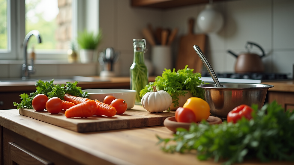 Close-up view of a kitchen counter with cooking ingredients and utensils ready for meal preparation