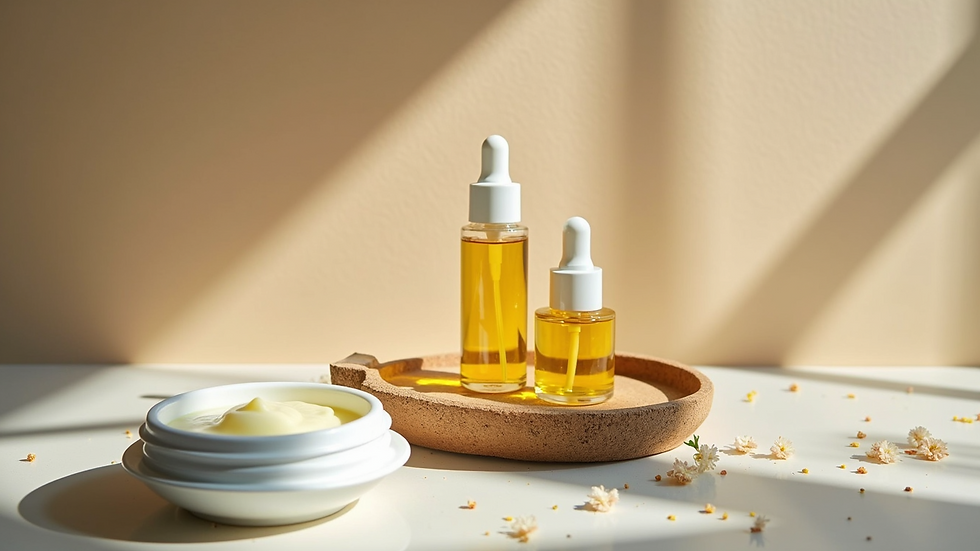 High angle view of a natural skincare routine setup with oils and creams
