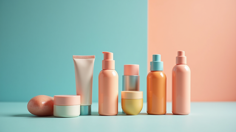 Wide-angle view of colorful Korean skincare products arranged on a flat lay