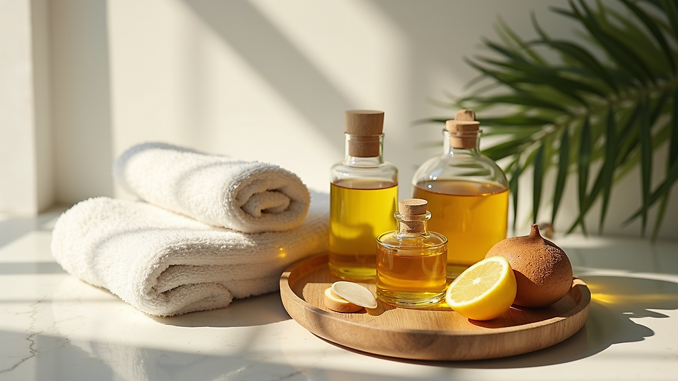 High angle view of natural skincare routine setup with oils and towels