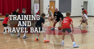 Athletes dribbling a basketball with on screen text, "Training and Travel Ball"
