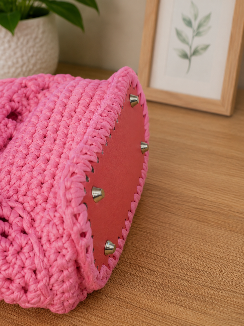 Thumbnail: Pink Crochet Handbag with Leather Base – Handmade Shoulder Bag