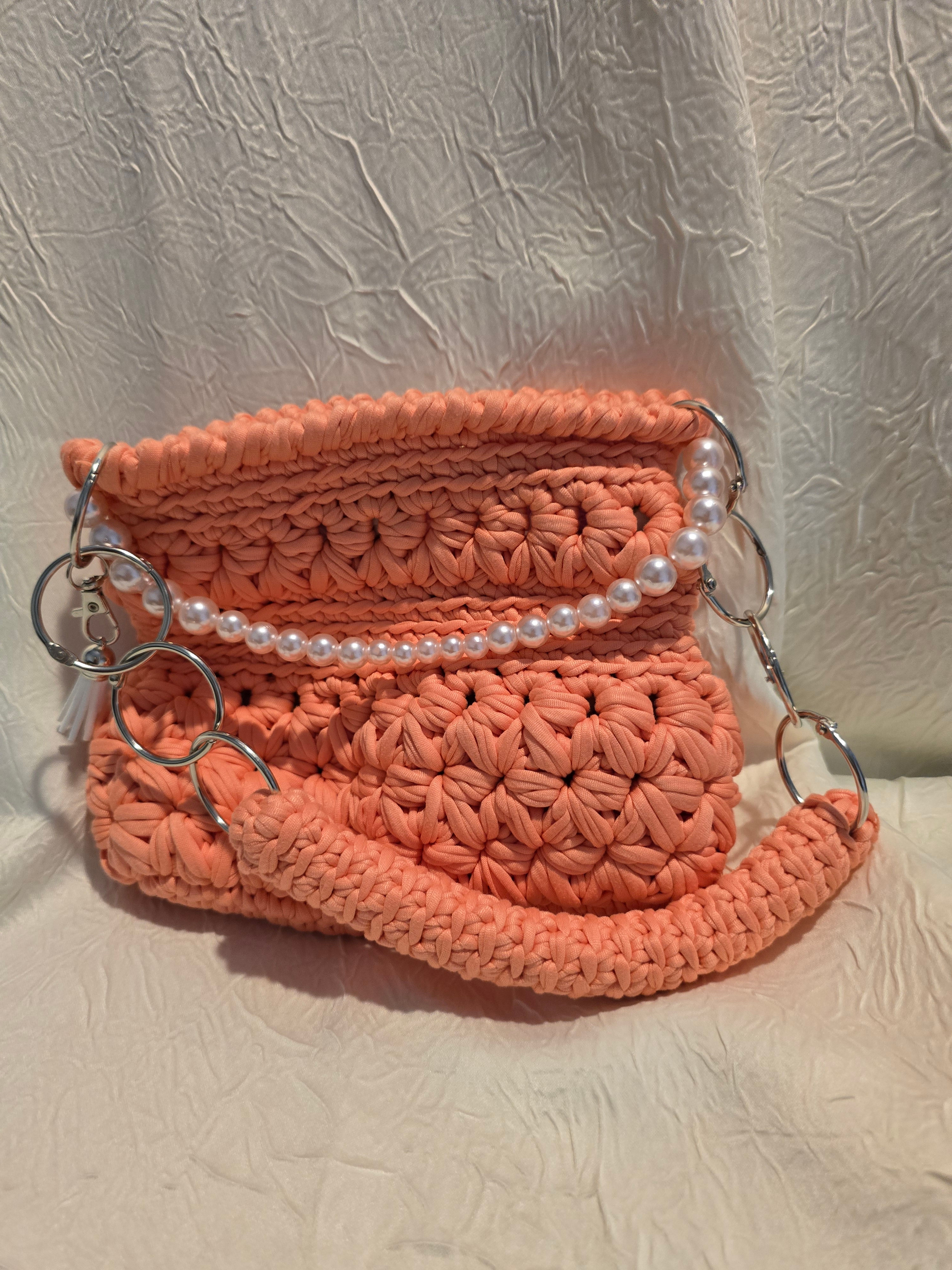 Handmade Crochet Peach Mini Bag with Pearl Accent
