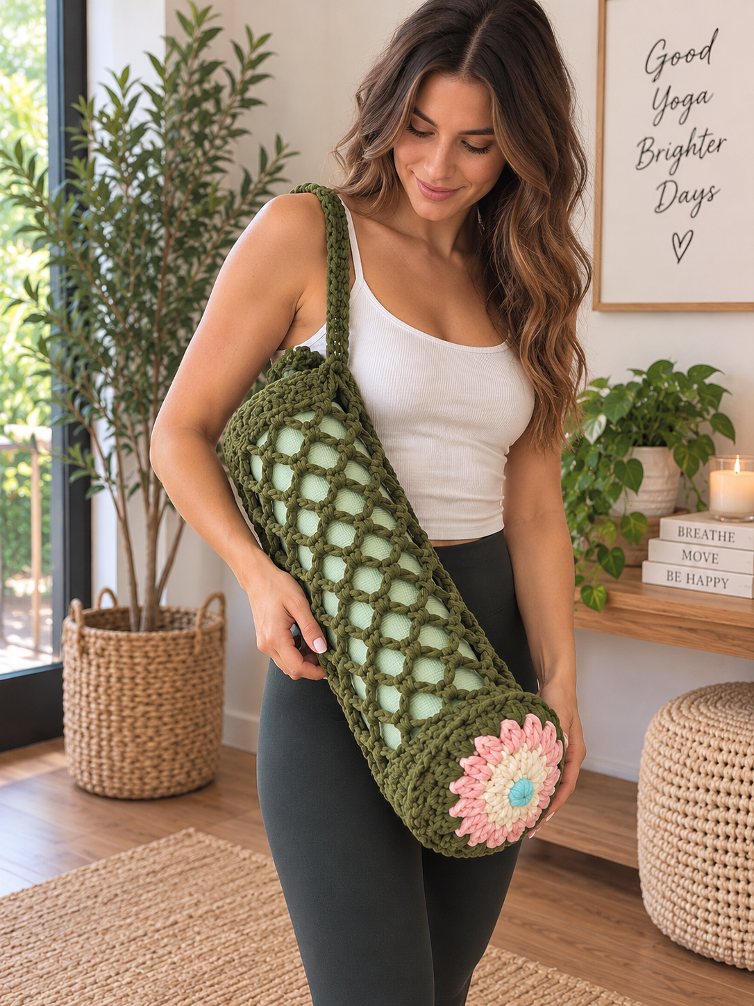 Crochet Yoga Mat Bag – Handmade Olive Green Yoga Mat Carrier with Floral Detail,