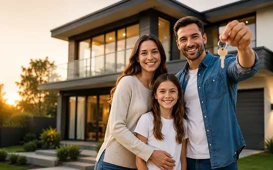 A young family is happy in front of their new house