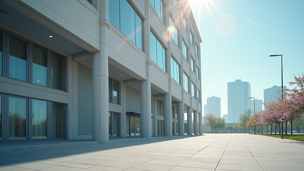 Eye-level view of commercial building exterior with clear sky