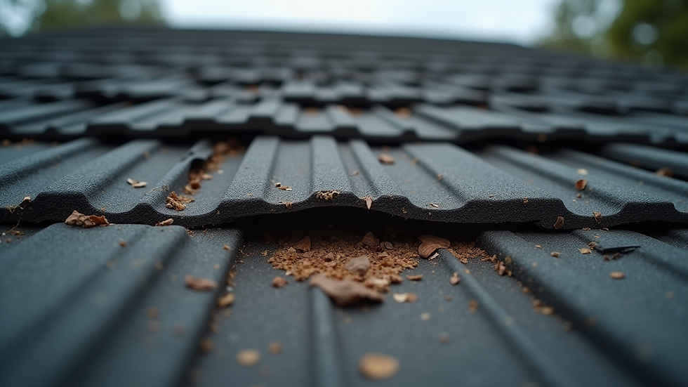 Close-up view of a roof with damaged shingles