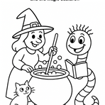 Benjamin and a witch stirring a magic cauldron Halloween coloring page